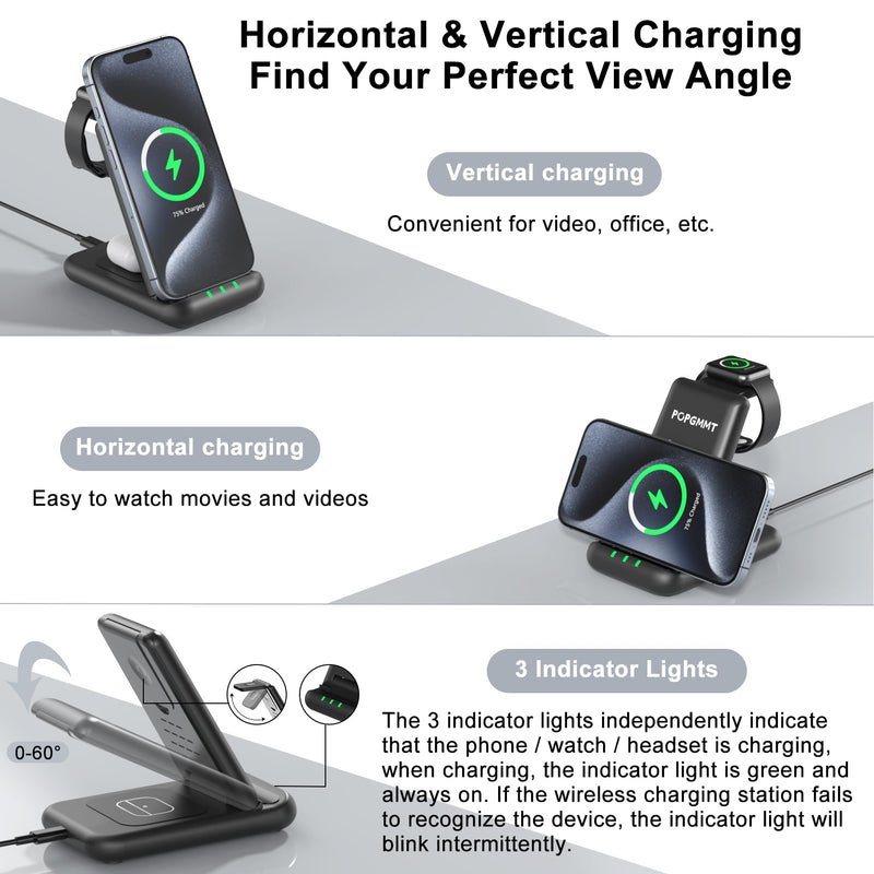 3 in 1 Magnetic Wireless Charging Station,18W Fast Mag-Safe Charger Stand for iPhone 15 14 13 12 Pro/Pro Max/Plus,Wireless Charging Stand Made for Apple Watch Ultra 9/8/7/SE/6/5/4/3/2/AirPods 2/3/Pro