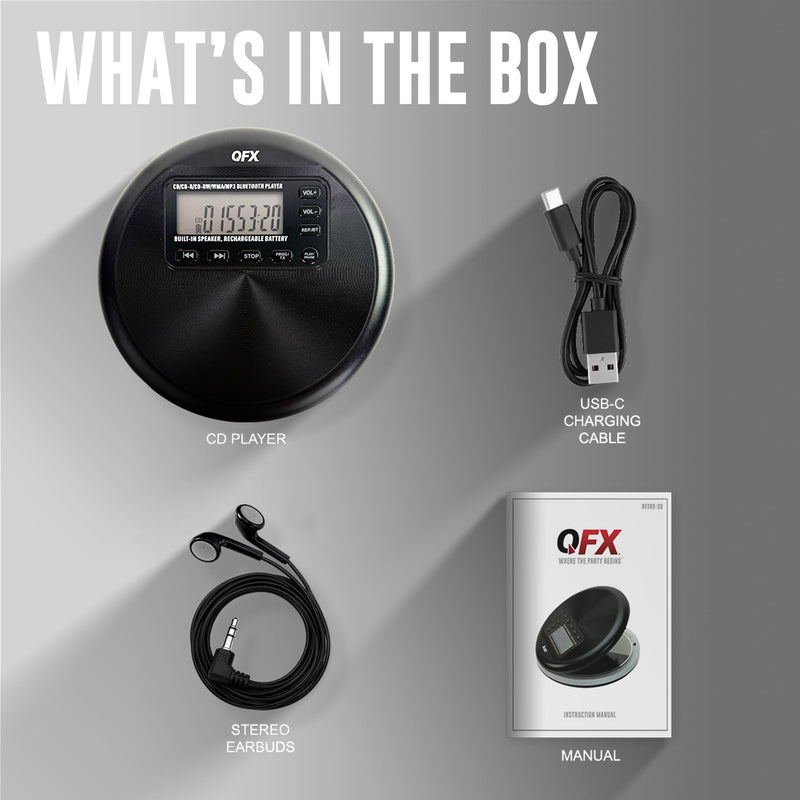 QFX Portable CD Player with Bluetooth and Built-in Speaker, RETRO-30 | 8-Hour Battery, Anti-Shock, Plays CD/CD-R/MP3-CD, Rechargeable Disc Player for Home and Travel, Earphones Included
