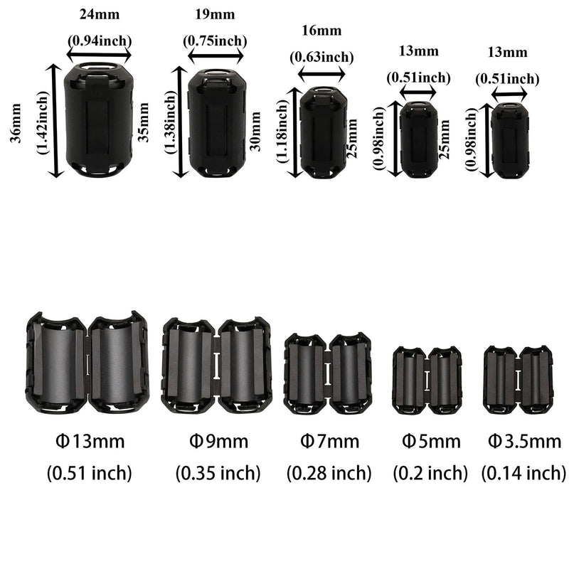 70Pcs Ferrites Clip-on Ferrite Ring Core RFI EMI Noise Suppressor Cable Clip for 3.5mm/ 5mm/ 7mm/ 9mm/ 13mm Inner Diameter Tvs,Speakers,Radio,Audio Equipment Noise Suppressor Video Cable Power Cord