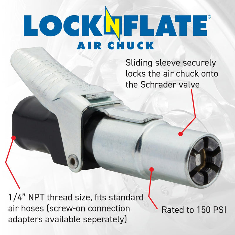 Locking Air Chuck - Six Steel Jaws Lock onto Any tire Valve - Won't Leak or pop Off - Rated to 150 PSI - Open Flow