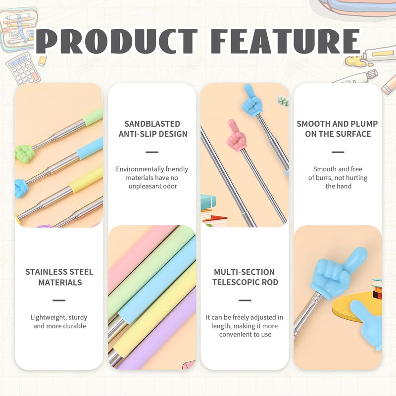 10 Pack Telescopic Teacher Pointer Stick, Retractable, Stainless Steel, Finger-Shaped, 8.46 to 27.35 Inches, for Whiteboard and Classroom Presentation (Colors) Colors