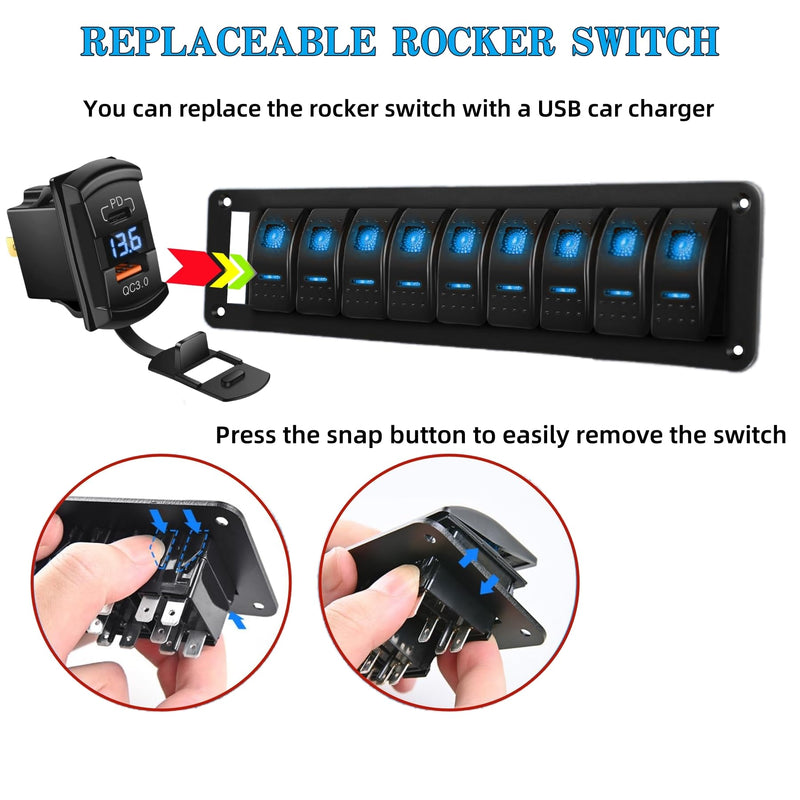 10 Gang Marine Rocker Switch Panel Waterproof, 12V 24V 5 Pin SPST Aluminum Boat Switch Control Panel LED Toggle Switch, ON Off Dash Switch Panel for Car RV ATV UTV Truck Campervan (Blue) Blue 10 Gang