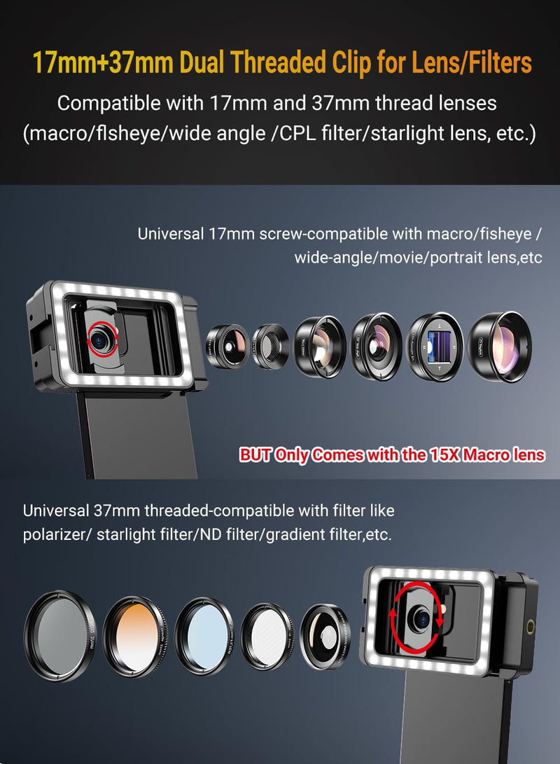 APEXEL 15X Phone Macro Lens for Phone, 15X Phone Macro Lens with LED Fill Light + 17mm Thread Lens Adapter for iPhone 15/15Pro/15Pro Max, Samsung, Android Phone (Fits for Almost Phone) FL2315X