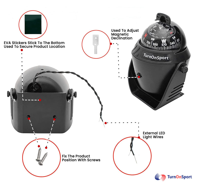 Boat Compass Dash Mount Flush - Boating Compass Dashboard Suction - Navigation Marine Compass Boats Surface Mount - Illuminated Dashboard Compass Ship - Electronic Sea Compass Black