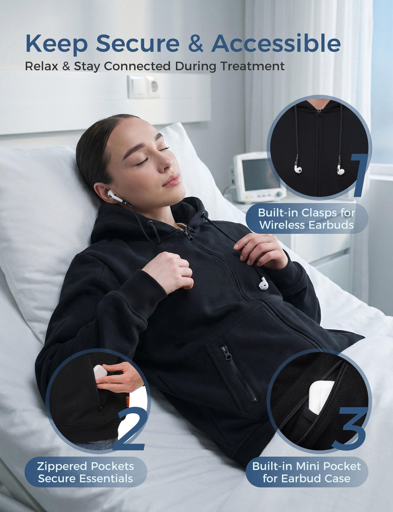 Dialysis Hoodie with Built-In Eye Mask Two Way Arm Zippers for Port Access Dialysis Sweatshirts Black Large