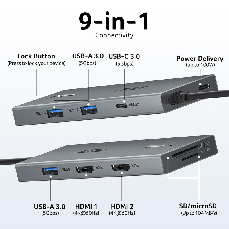 Acer USB C Docking Station Dual Monitor with 2 HDMI, 9-in-1 Laptop Docking Station with 4K@60Hz HDMI, USB A&C 3.0, SD/Micro SD, 100W PD, USB C Dock Compatible with Acer/Dell XPS/HP/Mac/Surface etc