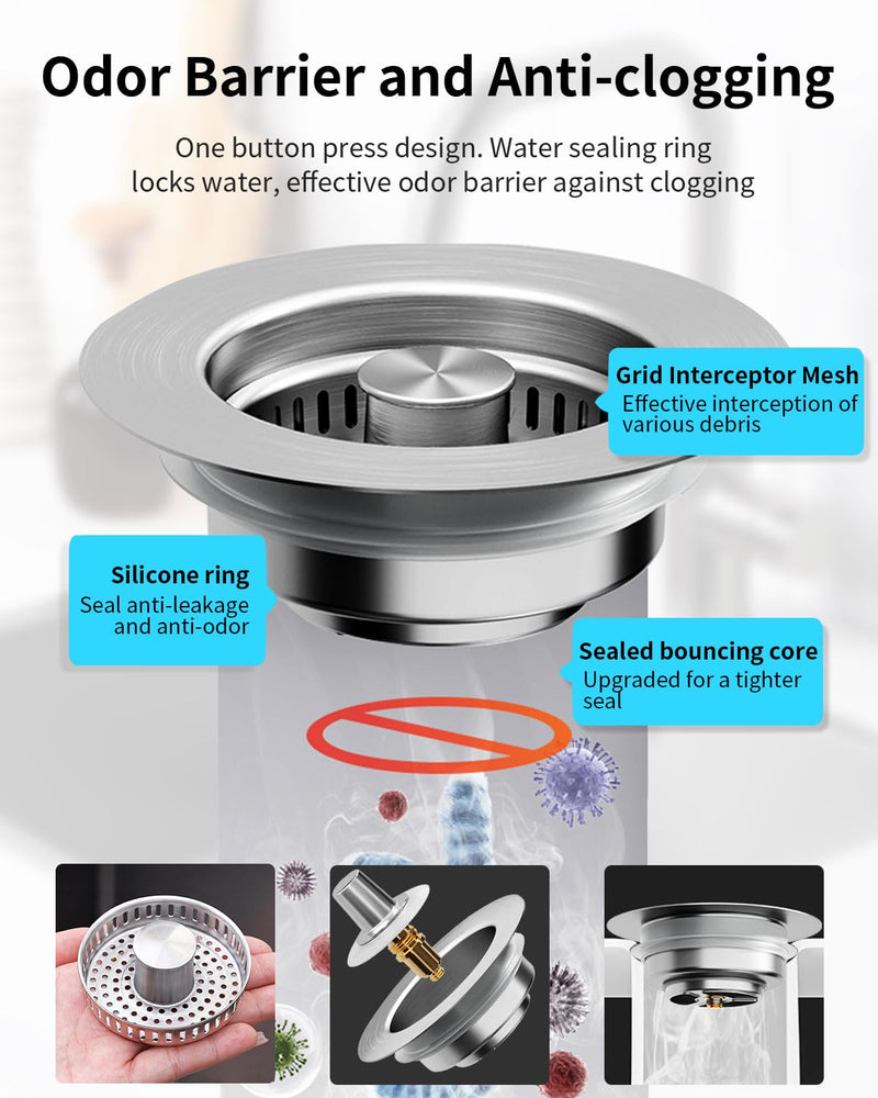 3 in 1 Kitchen Sink Drain Strainer [304 Stainless Steel Pop Up] Anti-Clogging Kitchen Sink Drain Stopper Stainless Steel Drainage Odor Filter Sink Plug for Us Standard 3-1/2 Inch (2 Pack) SUS304 Drain Strainer-2Packs