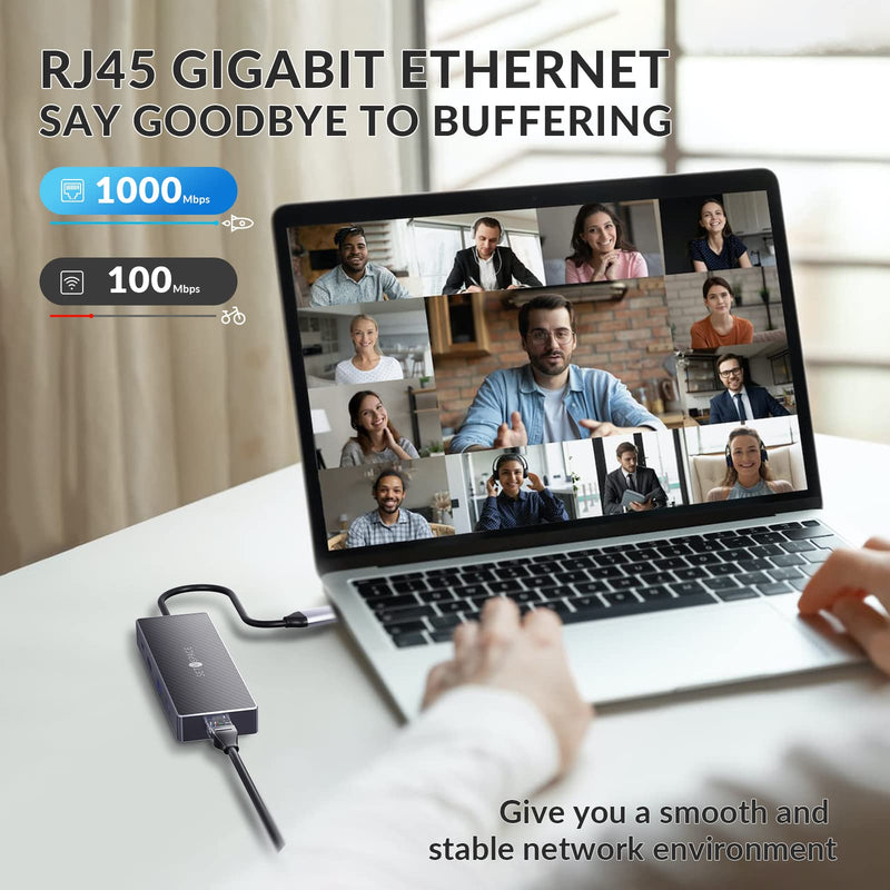 USB C Docking Station, Laptop Docking Station 10 in 1 with Ethernet 1000M, USB C Hub HDMI, PD 100W, TF/SD Reader, USB C 3.0, 4 USB A for MacBook Pro/Air, Surface, iPad, Cable Length: 7.87in PD, HDMI, USB-A, SD, TF, USB-C, RJ45 Black