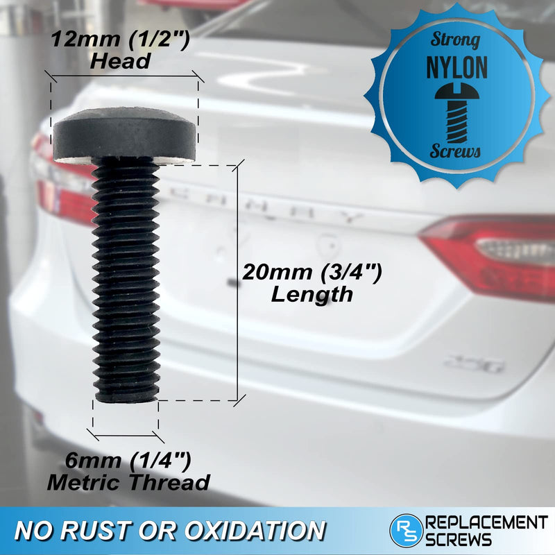 ReplacementScrews M6 Nylon License Plate Screws - Compatible with Many Imports (Toyota, Lexus, Honda, KIA, etc) - Metric 20mm Long (3/4") Black Plastic Bolts - No More Stuck Screws (Pack of 4)