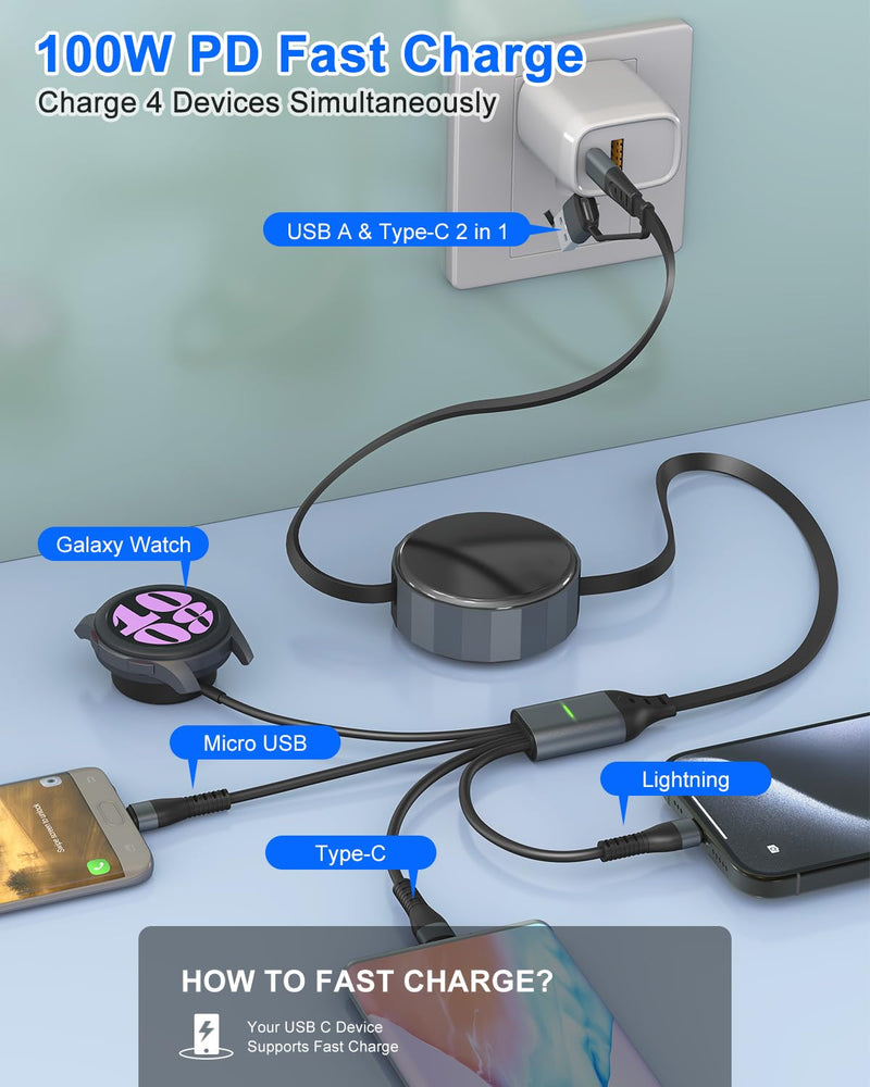 Multi Charging Cable for Samsung Watch 6 Charger - 100W 4 in 1 Retractable USB C Fast Charger Cord Compatible with Galaxy S23/S22/21/Android/iPhone, 4FT Galaxy Watch 6/6 Classic/5 Pro/5/4 Charger