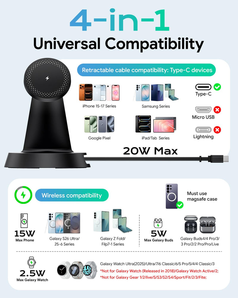 Meifigno 4 in 1 Magnetic Charger for Samsung with 20W Fast Retractable Cable, Wireless Charging Station Designed for MagSafe Charger Stand for Galaxy S26 Ultra Z Fold7/Flip7/Galaxy Watch Ultra 8/Buds