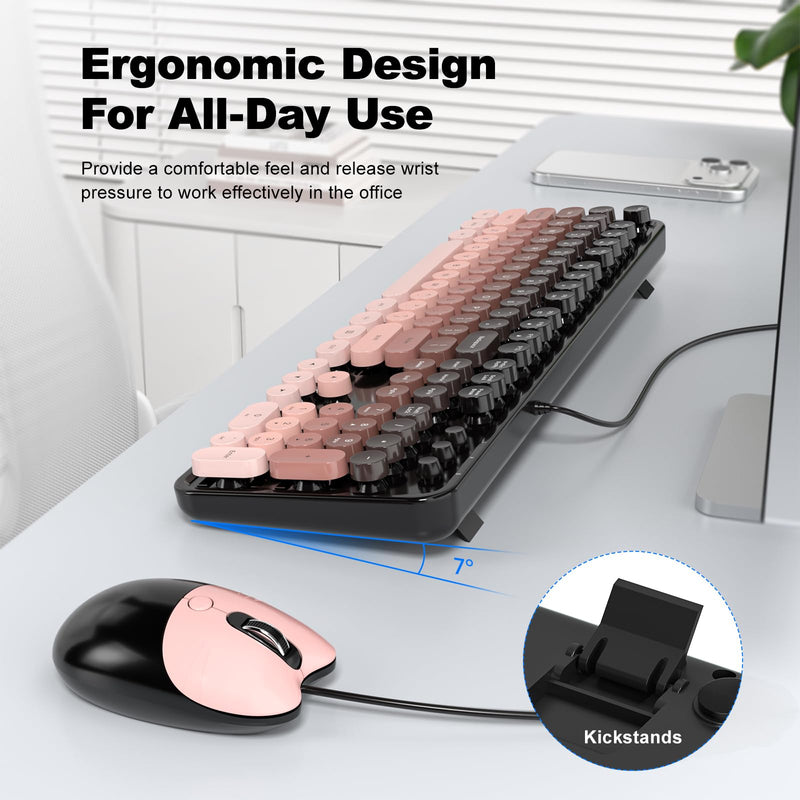 MOFII Wired Keyboard and Mouse Combo, Full-Size Retro Round Keycaps Keyboard with Number Pad, Cute Cat Shape Mouse for Windows 7/8/10/11, Laptop, Desktop, PC, Computer Mocha Gradient