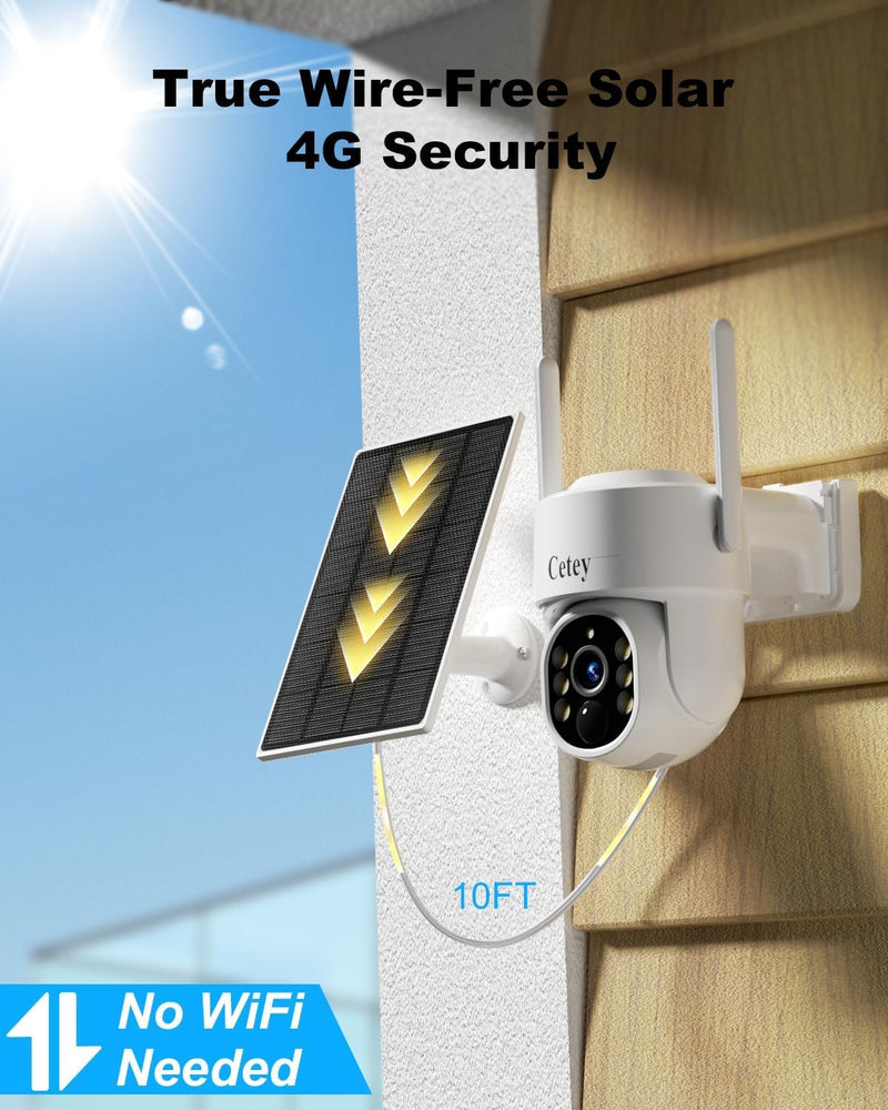 4G LTE Cellular Security Camera Wireless Outdoor, No WiFi Solar Powered Camera for Farms, Ranches, Estates Surveillance, 2K Color Night Vision, 360°PTZ, 2-Way Audio, PIR Motion Sensor White