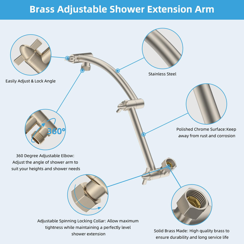 Hibbent Shower Head Extension Arm,16" Solid Brass Adjustable Extender with Lock Joint, Standard 1/2", Rise or Lower Rainfall and Fixed Shower Head,Height/Angle Adjustable Extension Arm, Brushed Nickel 16 Inch