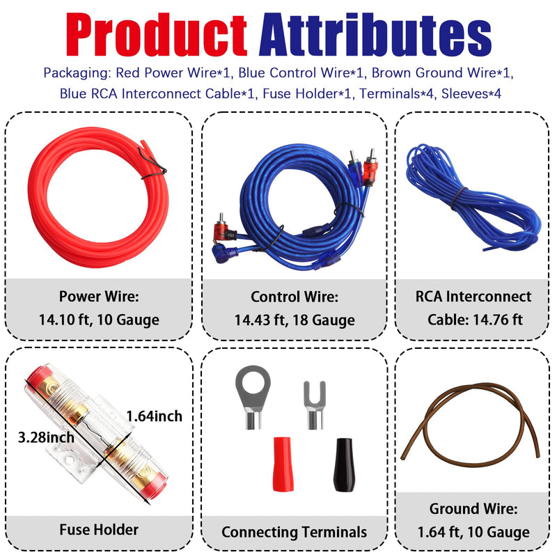 Amp Wiring Kit 10 Gauge Fit Car Audio Subwoofer Upgrade | Subwoofer Wiring Kit Includes 10 Gauge Speaker Wire,RCA Cable,Fuse Holder,Terminals,All-in-One Amplifier Wiring Kit