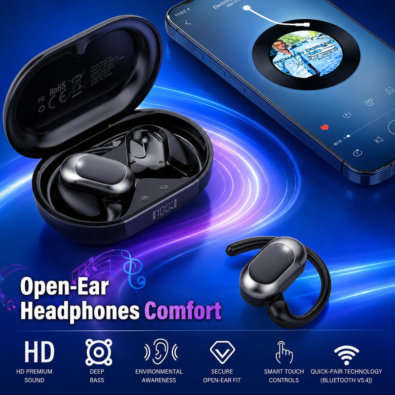 Open Ear Headphones, NEW Over Ear Earbuds with 4 ENC Noise-Canceling Mic | Ultra-Comfort Bone Conduction Earbuds, BT5.4, HD Stereo, IPX7 Waterproof, Ergonomic Earhooks,36H Sports Ear Buds for Running A-Deep Black