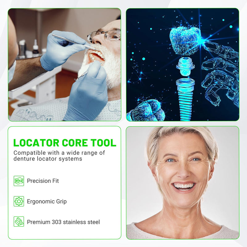 LEAPTREND Implant Tooth Locator Core Tool, Universal Dental Instrument (Golden) with Gloves, 3 Tools in 1 for Overdenture Retention Male Caps Removal and Insertion