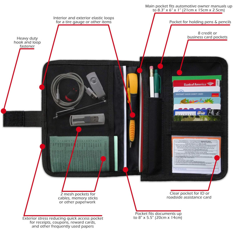 Glove Box Compartment Organizer - Car Document Holder - Owner Manual Case Pouch - Vehicle Storage Wallet for Registration & Insurance Card - Premium Auto Paperwork Holder - Log Book included - Black 1 Pack