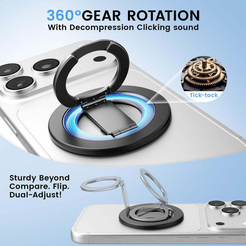 Double Sided Magnetic Kickstand,360°Rotation Cell Phone Grip Stand Finger Ring for iPhone 17 Pro Max 16 15 14 13 12 MagSafe Accessories,Fit Magnetic Car Mount, Black