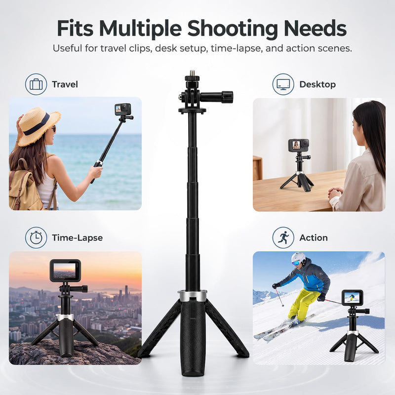 Extenable Small Camera Tripod, Portable Selfie Stick Vlog Handle Grip, Desktop Webcam Tripod with 1/4" Screw for DJI Osmo Action 4/5Pro, Lightweight Travel Tripod