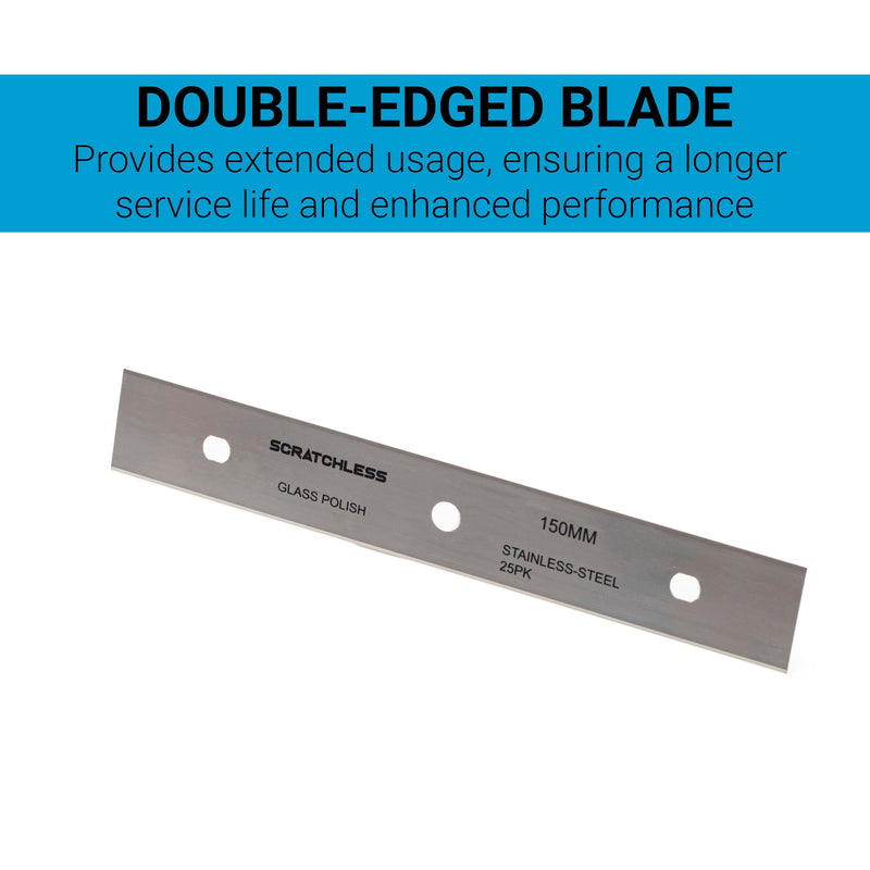 GLASS POLISH 6" (150mm) Pack of 25 Double-Edged Stainless Steel Blades, 0.20mm Laser Sharp Replacement Blades for SCRATCHLESS Scraper or Compatible Models - GP15043