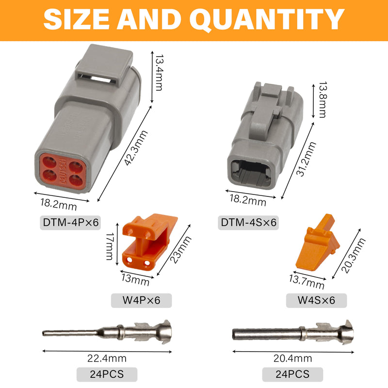 Deutsch DTM Grey 4 Pin Connectors 6 Sets, Waterproof Electrical Wire Connector with Stamped Contacts and Seal Plug for Truck, Off-Road Vehicles, Construction, Agriculture, Marine, Motorcycle Wiring 4Pin-6 Set