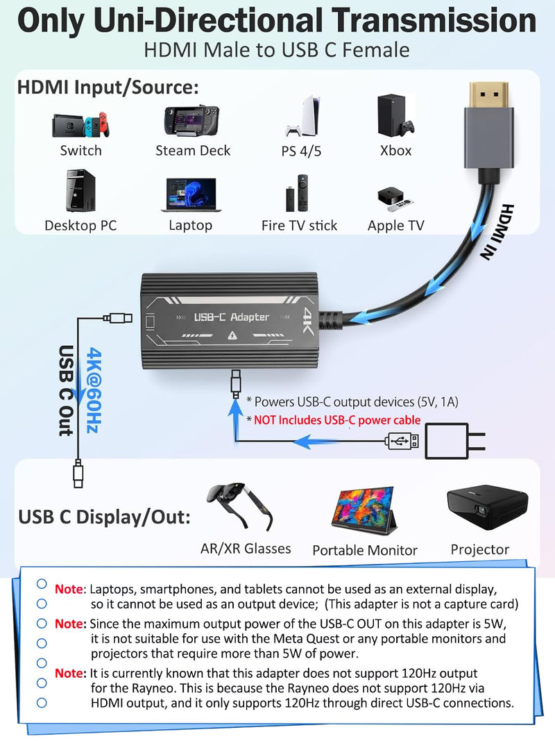 HDMI to USB C Adapter 4K@60Hz for AR Glasses - HDMI Source to USB C Display for XREAL One/Air 2 Pro,VITURE Pro,RayNeo,Rokid,Switch 2/1,Steam Deck,PS5/4,Xbox,ROG Ally,Monitor, HDMI Male to USB C Female