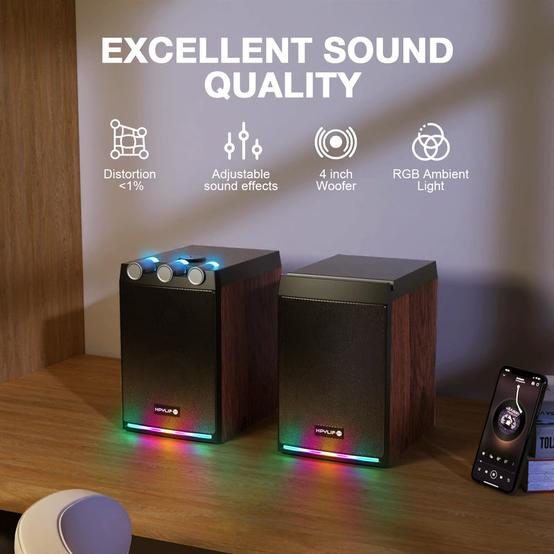 100W Powered Bluetooth Bookshelf Speakers,2.0 Wireless HiFi Speaker with Subwoofer and Led Light,Dynamic 3D Surround Sound,for Home Music,Vinyl Records, Home Theatre, Gaming,TV -Wood Grain