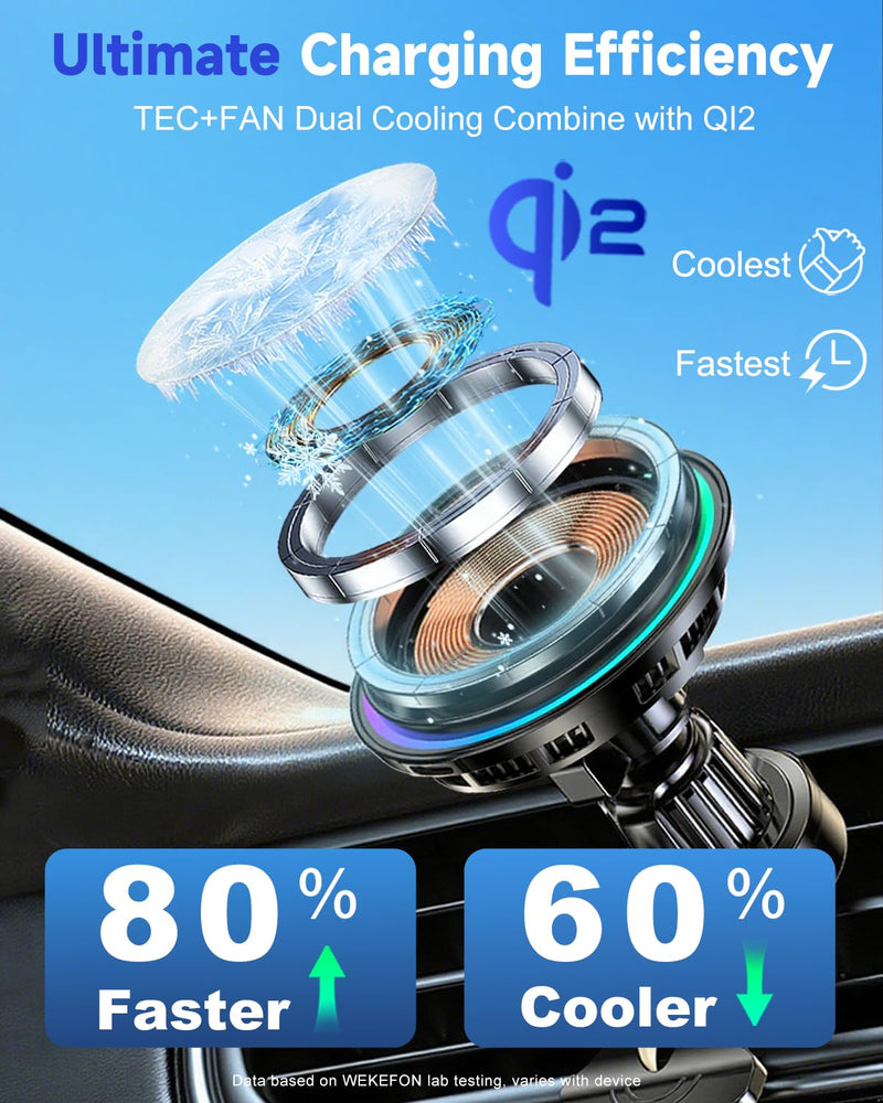 for Qi2 15W MagSafe Car Mount Charger RGB Light, Ice Cooling Magnetic Wireless Car Charger Phone Holder, Air Vent Fast Charging for iPhone 17 16 15 14 13 12 Pro Max Air, Galaxy S25, Car Accessories With Qi2 Cooling Charging