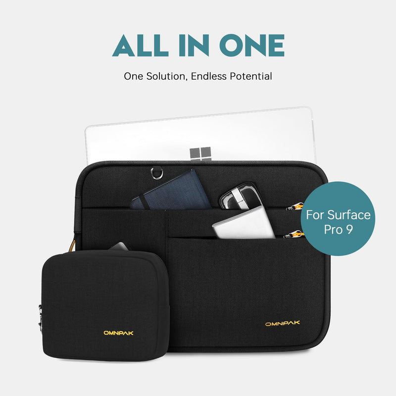 Omnpak Surface Pro 9 Case,13 inch Laptop Sleeve for Surface Pro 11/10/9/8/X/7+/7/6/5/4/3,Surface Pro 8 Case with Side Handle Strap and Accessory Pocket,Recycled PET Laptop Carrying Bag For Surface Pro 11/10/9/8/7/6 Black with Accessory Pouch