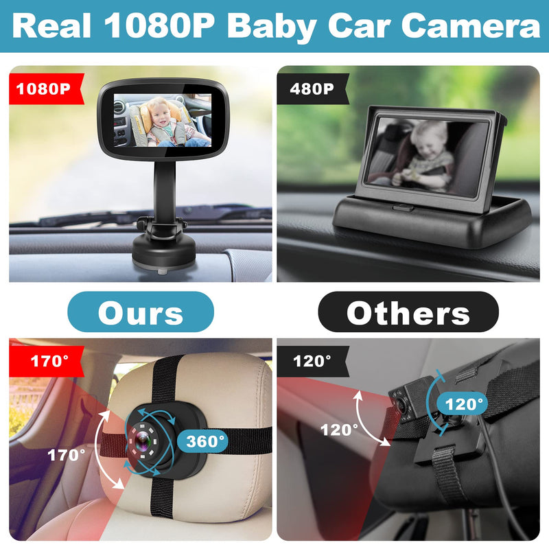 1080P Baby Car Mirror, Shybaby 4.3" Baby Car Camera Monitor with 170° Wide View, HD Night Vision Function and Reusable Sucker Bracket, Safety Rear Facing Cars Set Camera for Infants Kids Toddlers Black