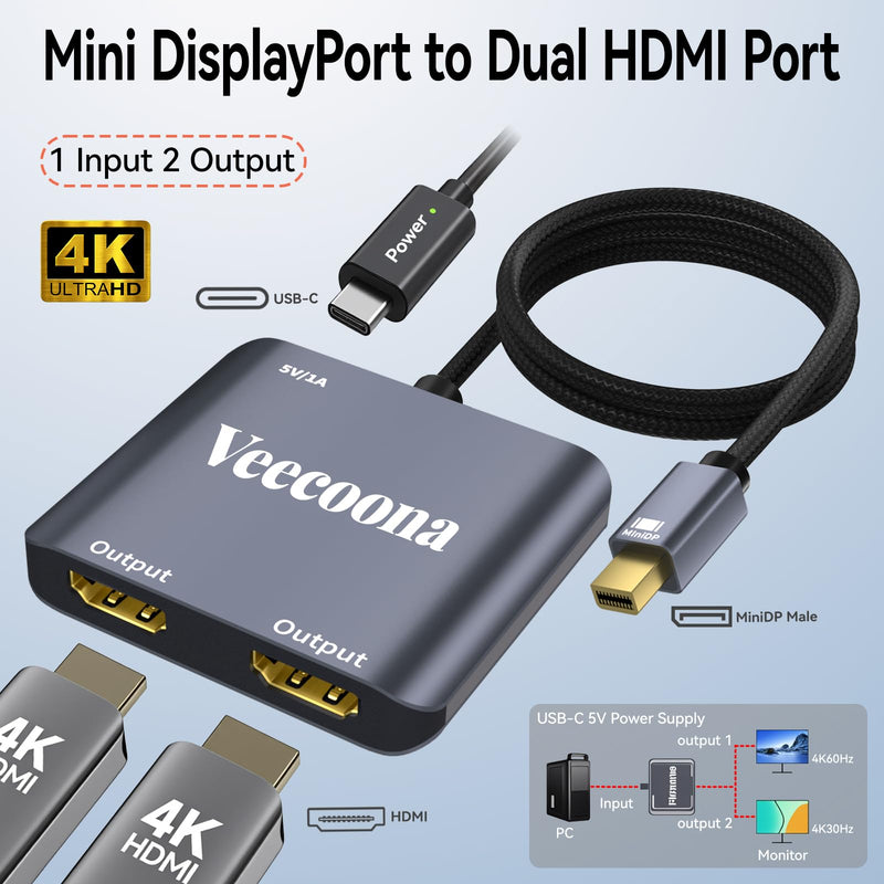 Mini DisplayPort to Dual HDMI Adapter | 4K60Hz, Thunderbolt 2 DP Male to HDMI Female Splitter Extended Display port splitter for Dual monitors, for MacBook Air/Pro, Mac mini, Surface Pro/Dock