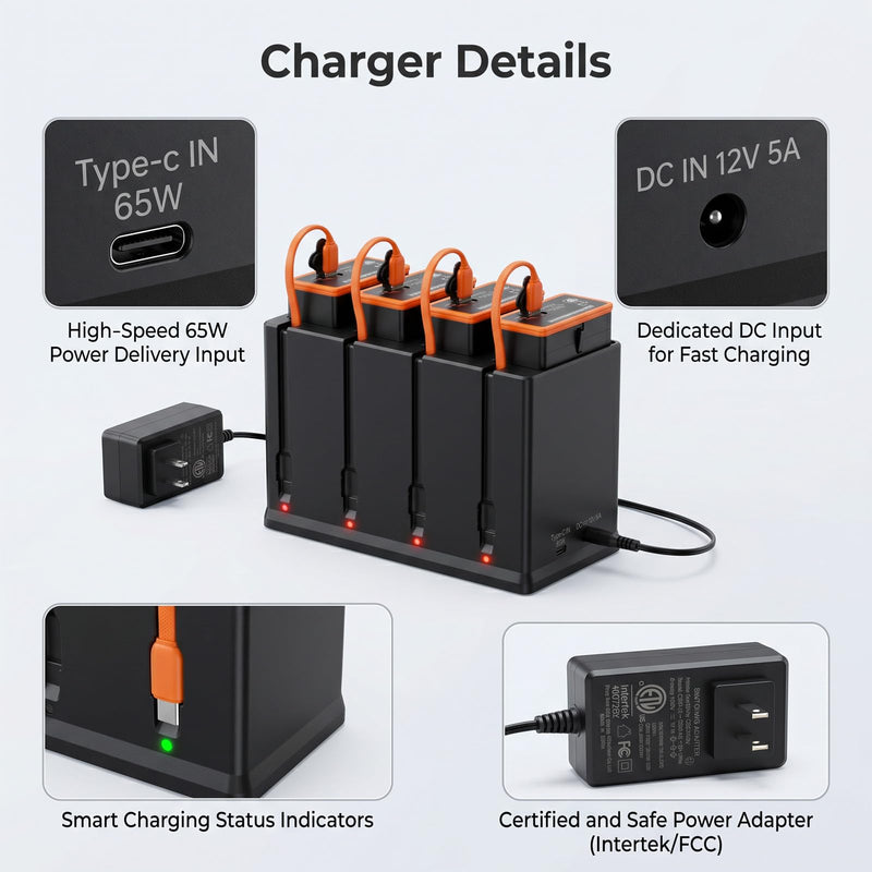 Charger for Moultrie Edge Series Cellular Trail Camera Battery, 4-Channel Charging Station for Moultrie Edge, Edge PRO,Edge 2, Edge 2 PRO Rechargeable Battery