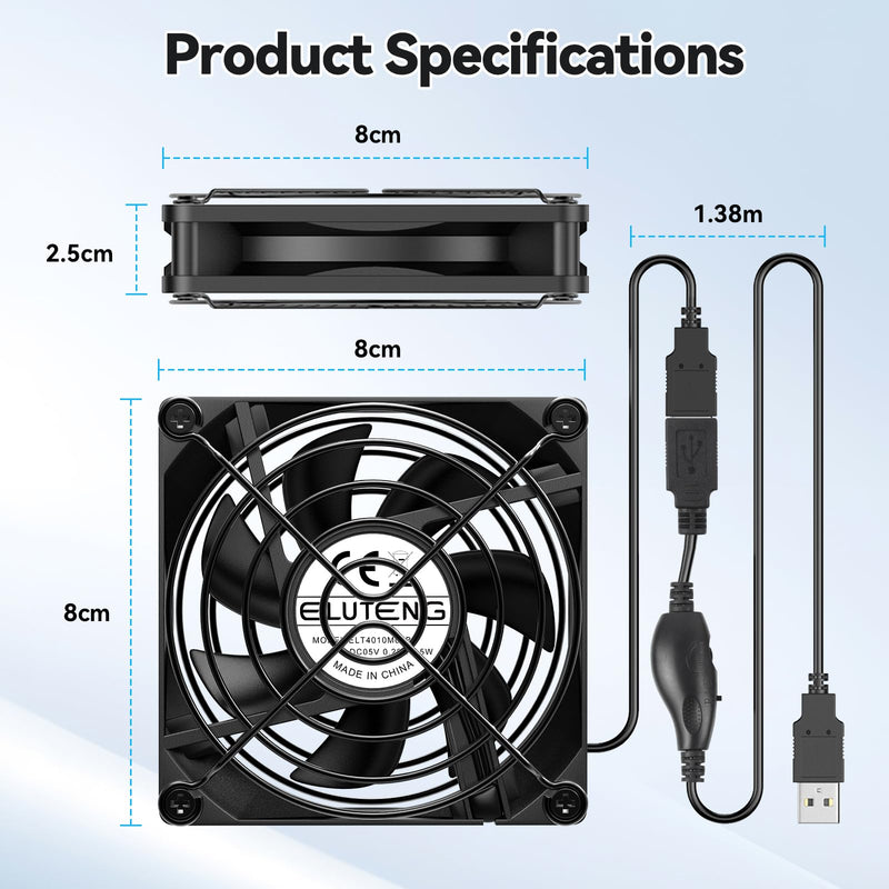 ELUTENG 80mm USB Cooling Fan 5V | Variable Speed Control 2000-4000RPM, Quiet Metal Grill 7 Blade Hydraulic, For PC, TV Box, DVR, Xbox, PS5, Cabinet