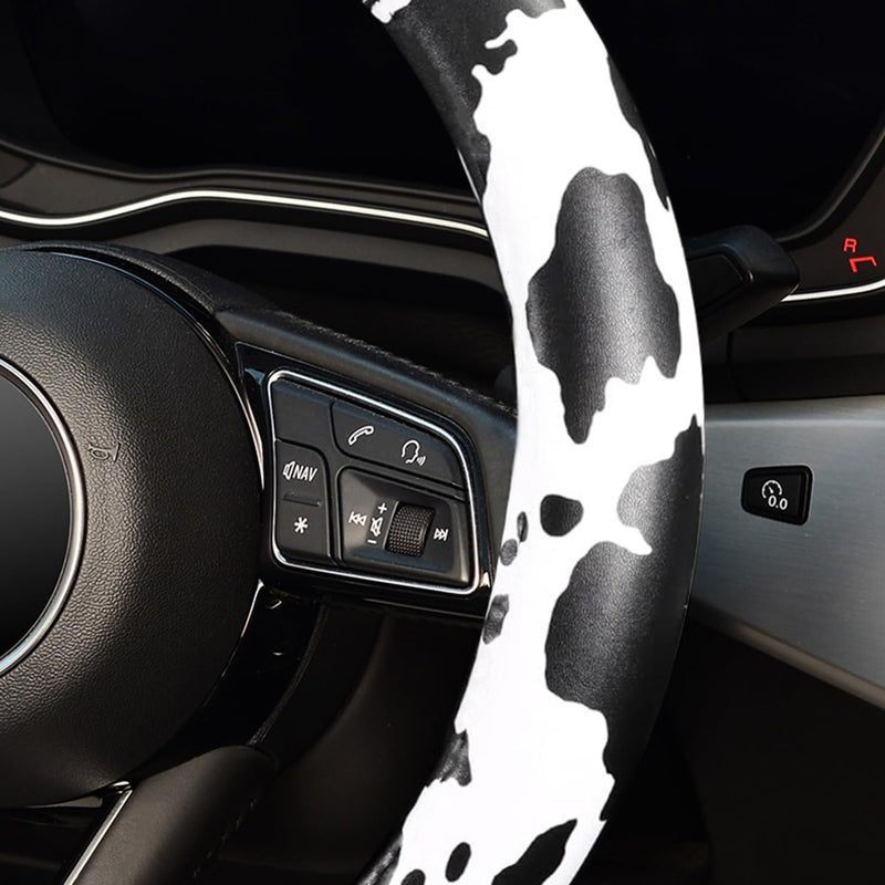 ZHOL 16 inch Steering Wheel Cover Cow Print, Breathable Microfiber Leather Compatible Large-Size for F150 F250 F350 Ram 4Runner Tacoma Tundra Range Rover Model Car Accessories for Women Men Black+White Large Size[15.5"-16"]