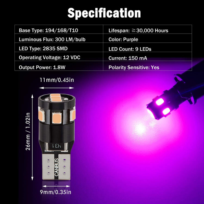 300LM Extremely Bright Canbus Error Free 194 168 2825 W5W T10 LED Bulbs Purple 9-SMD 2835 Chipsets for Dome Map Door Courtesy License Plate Lights(Pack of 4)
