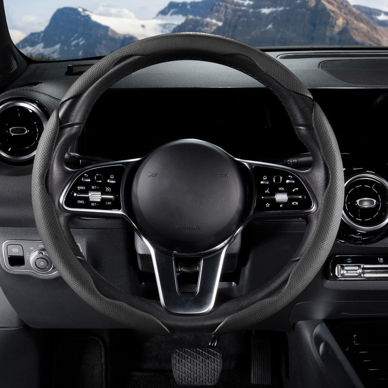 Car Steering Wheel Cover Leather Snap On 3Pcs Set Non-Slip Protector Wrap Steering Wheel Accessories 14.5-15 inch Universal Black Black A