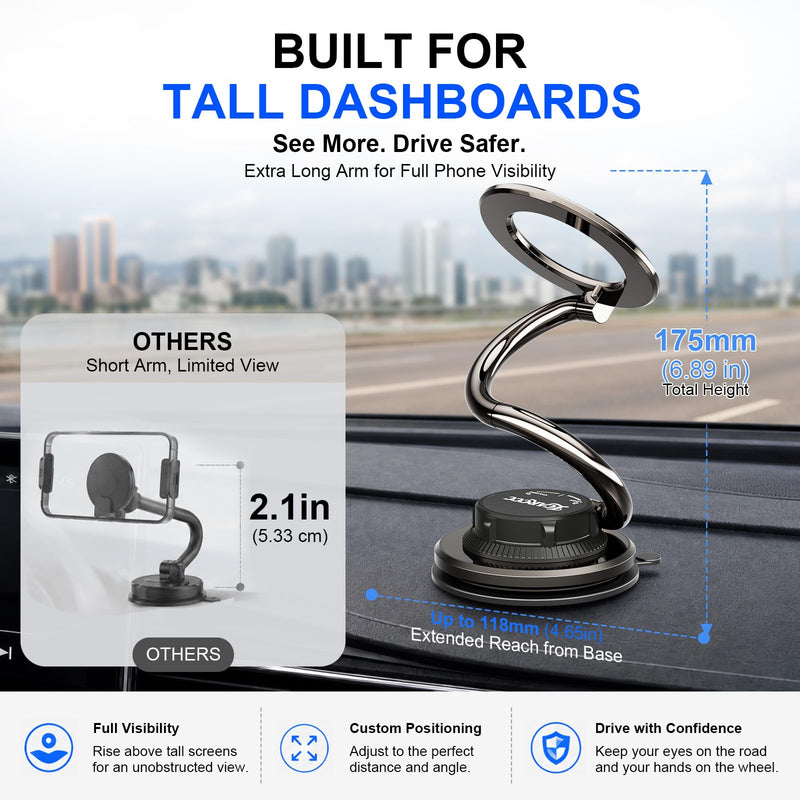 MagSafe Phone Mount, 175mm Long Arm Dashboard Holder | Full Phone Visibility – Designed for Large Dashboard Displays Without Blocking Your Screen