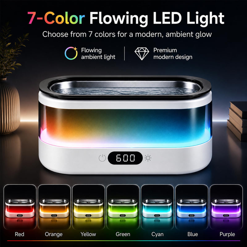 Ultrasonic Jewelry Cleaner Machine, 7-Color Flowing LED Light, 48kHz Sonic Cleaner for Jewelry, Glasses, Retainers, Dentures, 304 Stainless Steel Tank, Digital Timer, Dual Cleaning Modes - White