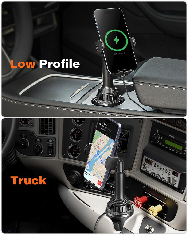 APPS2Car 15W Qi Wireless Car Charger Solid Cup Holder Mount, Adjustable Long Arm & 360° Rotation, Fits 3"–4" Round Cup Holders, Works with Cases ≤ 4 mm (No Metal Attachments) Upgraded Wireless Charger