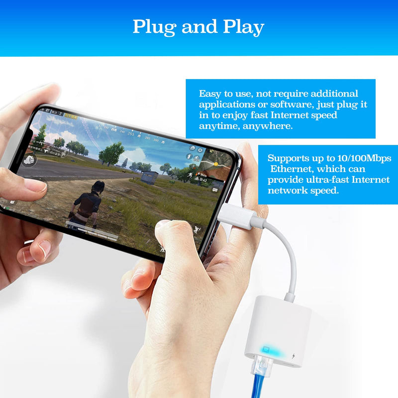 Lightning to Ethernet Adapter with Charging for iPhone/iPad [Apple MFi Certified] 2 in 1 RJ45 Ethernet High Speed iPhone LAN Network Adapter Support 100 Mbps Ethernet Network Lightning to Ethernet Adapter