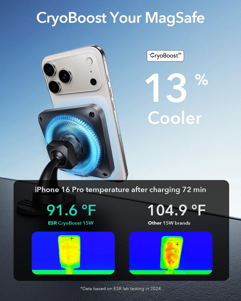 ESR for MagSafe Car Mount Charger 15W with CryoBoost for iPhone 17-12 | Phone Cooling Magnetic Wireless Car Charger, Air Vent & Dashboard Mount, Fast Charger for, S26/S25, Pixel 10