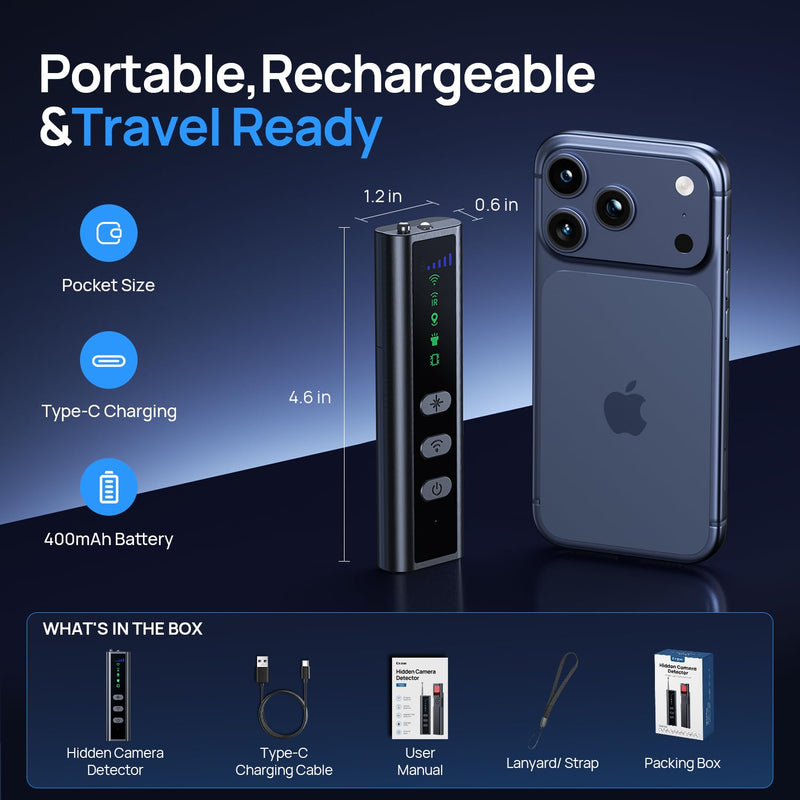 Hidden Camera Detectors, Clear Display Screen, RF Signal Detector with Guided High-to-Low Sensitivity, Infrared Lens Finder, Magnetic GPS Tracker Detection for Travel, Hotel, Car Middle