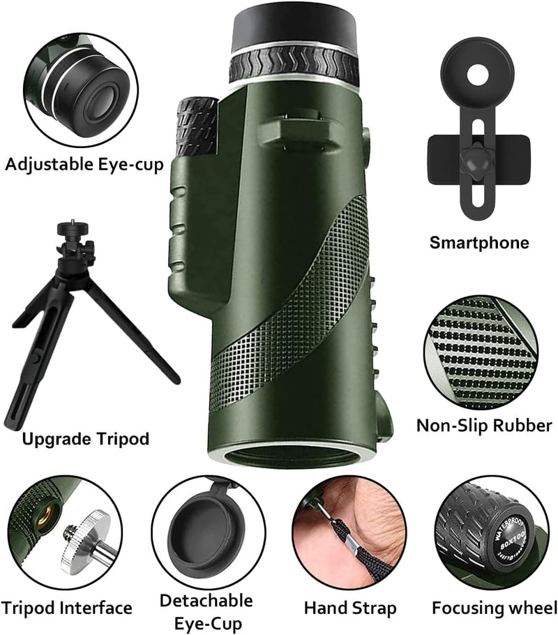 Monocular-Telescope 80x100 High Powered Monoculars High Definition for Adults High Powered with Smartphone Adapter Telescope Hunting Wildlife Bird Watching Travel Camping Hiking-Green green