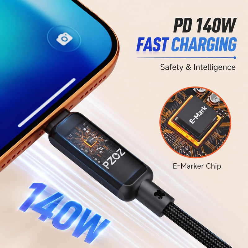 pzoz 2-in-1 USB C Apple Watch Charger Cable, 140W Fast Charging Cord | 140W USB-C fast charging cable with Apple Watch charging and LED display, combining two charging needs in one cable. 4 Feet