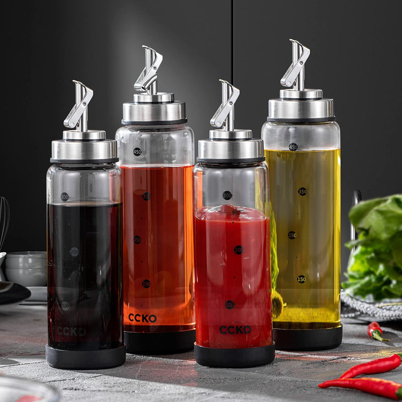 Glass Olive Oil Dispenser Bottle Shatterproof and Leakproof with Stainless Steel Spouts High Temperature Resistant 17oz Cooking Oil and Vinegar Cruet Dispenser 17 Ounces 500ml Sand Steel Color