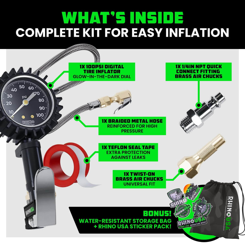 Rhino USA Tire Pressure Gauge with Inflator (0-100 PSI) - Heavy Duty Air Chuck and Compressor Accessories with Stainless Braided Hose, Large Analog Dial and Solid Brass Hardware for Truck and RV 100psi Analog