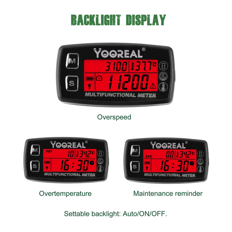 Yooreal Engine Water Oil Temperature Gauge Digital Tachometer Hour Meter,Alert RPM & Temp,Backlights Display for Lawn Tractor Compressor Generator Snowmobile Marine Jet Ski Pit Bike Liquid thermometer