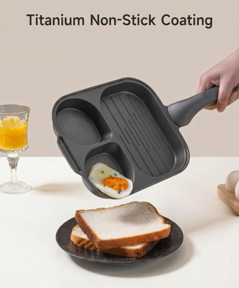 JEETEE Divided Egg Pan&Frying Pan, 3-in-1 Nonstick Omelete Pan, Breakfast Skillet for Eggs, Bacon & Pancakes, Titanium-Enhanced Nonstick Coating, PFOA/PFOS/PTFE Free, Induction Compatible Cookware