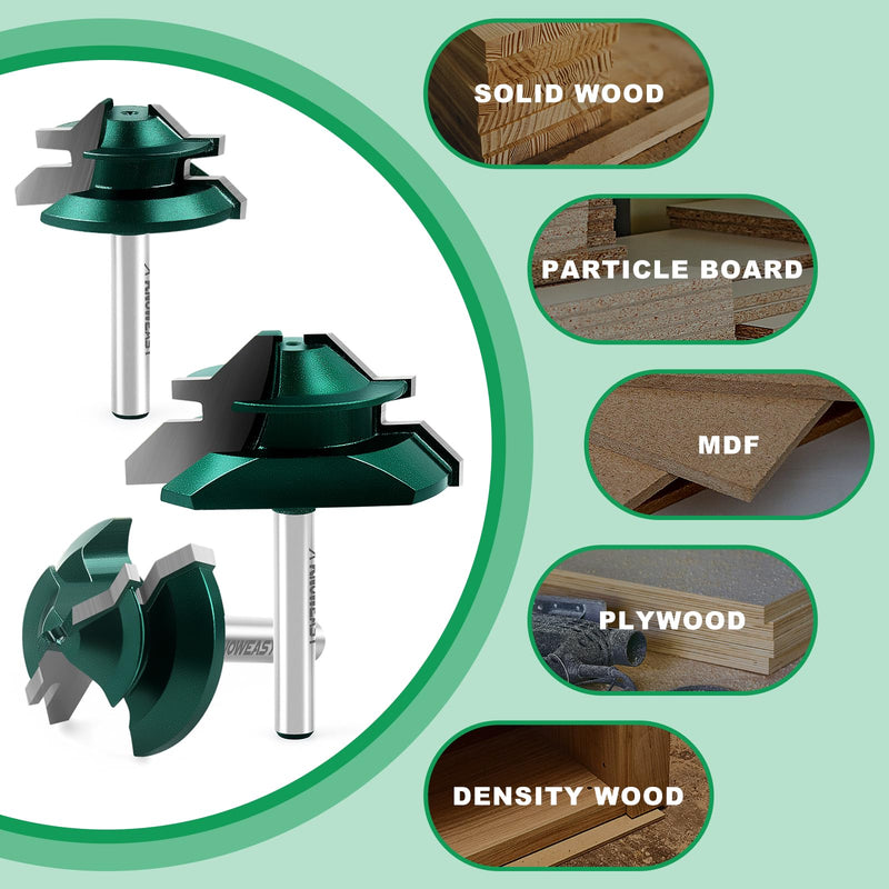 Knoweasy 45 Degree Lock Miter Router Bit Set with 1/4 Inch Shank, 3-Piece for Woodworking Projects, Includes 1/2, 5/8 and 3/4 Inch Cutting Heights, Precision Joinery Tool for Strong Miter Joints